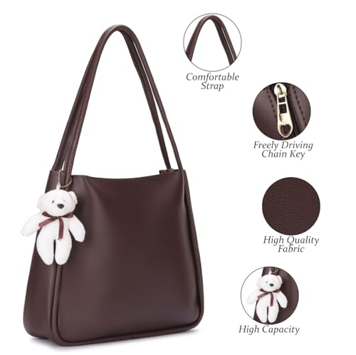 Image of SIJJEEL Women's Handbag Synthetic Leather Shoulder Bag with Bear Charm Tote One Size Women's Shoulder Bag Faux Leather Tote