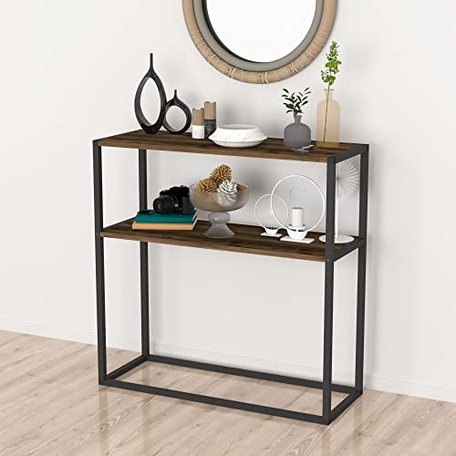 [en.casa] Table Console pour Salon Table d'Appoint Rectangulaire avec Surface de Rangement Panneau de Particules Métal 90 x 90 x 34 cm Effet Chêne Patiné...
