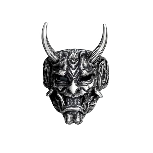 Image of THE MEN THING Hannya Prajna Demon Mask Rings For Men | Luxury Solid Pure Titanium Stainless Steel Ring Jewellery (Retro - Stainless Steel, 17-21- 24-26)