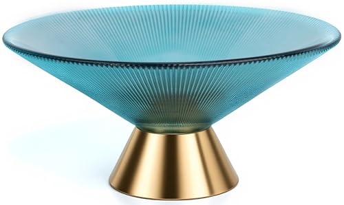 Tapered Glass Decorative Bowl (Blue), 9.8 Inches Handblown Striped Design