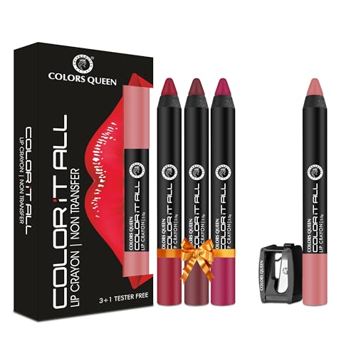Image of Colors Queen Color It All Long Lasting Pack of 3 & Get 1 Free Crayon Lipstick Combo | Up to 18 Hours Stay | Matte Finish | Water, Smudge Proof (Hot Red, Plum House, Plum Pick & Nude Bomb,3.5g)