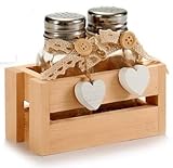 saleron synonyme Set Salière + Poivrière en verre et inox, décor Campagne, coeur et dentelle, dans support en bois
