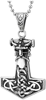 COOLSTEELANDBEYOND Men Vintage Steel Thors Hammer Necklace Pendant with Bull Warrior Irish Celtic Knot