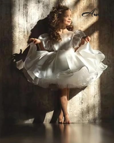 Satin Pageant Dresses for Girls Long Puffy Tulle Flower Girl Dress for Wedding Toddler Princess Gowns with Bow FAY153