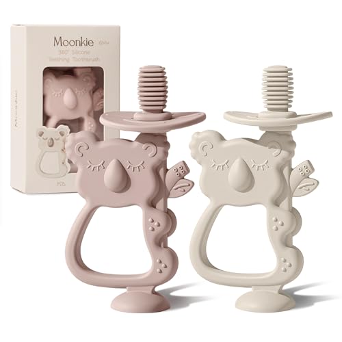 Image of Moonkie Teething Toy Set of 2, Safe & Easy to Hold BPA Free Silicone Teethers, 360° Baby Toothbrush with Suction Base, Teether Toys Best for Babies 6-12 Months (Koala Blush/Shifting Sand)