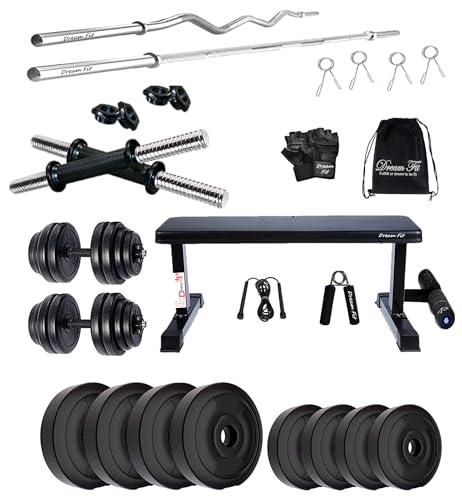 Image of DREAM FIT PVC Home Gym Set - 32 kg with 1 Flat Bench with Foot Extension, 3 ft Curling Rod, 5 ft Straight Rod, 1 Pair Dumbbell rods and Gym Accessories (32kg)