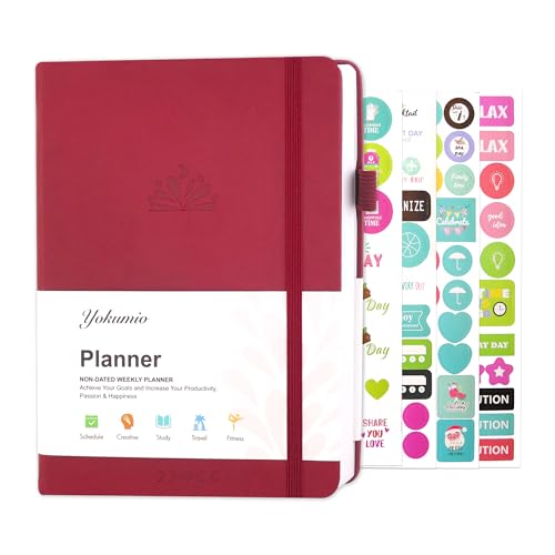 Yokumio Undated Planner 2025-2026, Daily/Weekly/Monthly Academic Organizer for Goal Setting & Habit Tracking | Premium Leather Hardcover A5 Notebook with Vision Board & Progress Review | Includes Bonus Stickers - Rich Wine Red