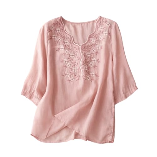 Image of RIEKA Womens Elegant Beige Floral Embroidered Tunic Top with Scalloped V Neck, Elbow Length Sleeves, Relaxed Fit, Lightweight, Casual Ethnic Style Top