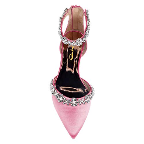 Image of XYD Women Classic Pointed Toe D'Orsay Wedding Flat Sandals Sparkly Rhinestones Ankle Strap Low Heel Dress Shoes with Zipper