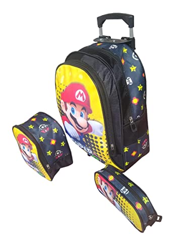 Kit Mochila Infantil Mario Bros com Rodinhas + Lancheira Térmica + Estojo