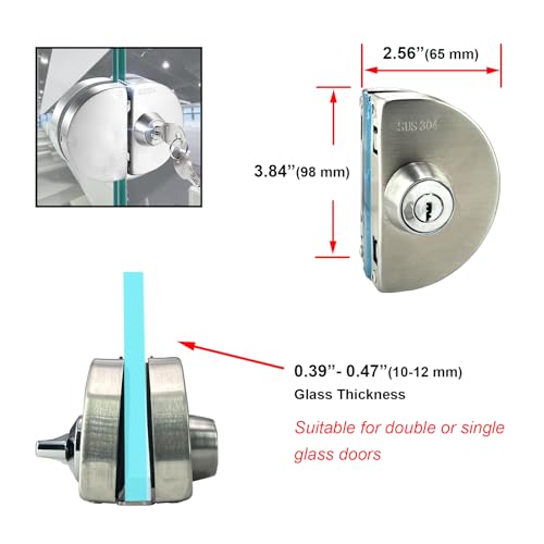 Stainless Steel 304 Grade Anti-Theft Security Double or Single Glass Door Lock with Keys Suitable for 10mm-12mm Glass Thickness - No Drill Holes Needed (Satin Brushed)