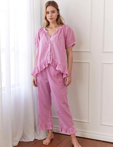 Flygo Womens Plaid 2 Piece Pajamas Sets Gingham Button Down Puff Sleeve Babydoll Shirt Ruffle Pants Y2K Pjs Lounge Set