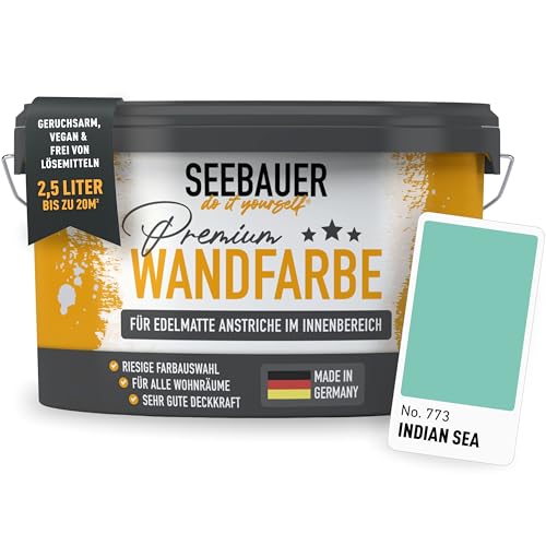 SEEBAUER diy Wandfarbe Türkis 2,5L für Innen (No. 773 Indian Sea) Edelmatte Innenfarbe Blau Grün - Grüntöne sehr hohe Deckkraft - Matt, Abwaschbar und Tropffrei