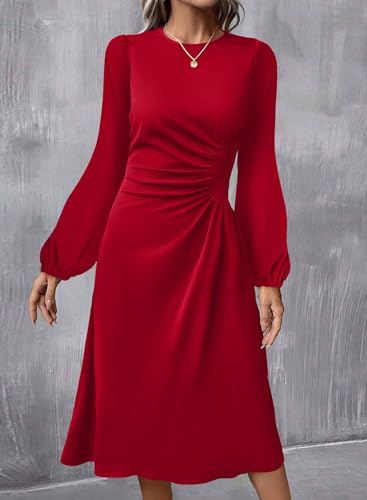Image of Happy Sailed Women's Long Sleeve Ruched Waist Flowy A Line High Low Midi Cocktail Party Dress