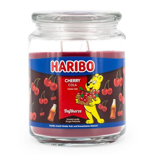 Haribo Duftkerze im Glas | Cherry Cola 510g | Duftkerze Kirsche | 100h Brenndauer | 2 Dochte | Geschenkidee für Frauen | Kerze für Winter & Weihnachten