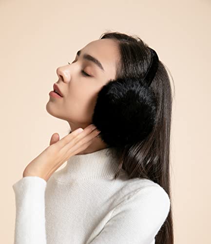 Zlyc Womens Girls Genuine Rabbit Fur Earmuffs Adjustable Ear Warmers, Black #TOP2