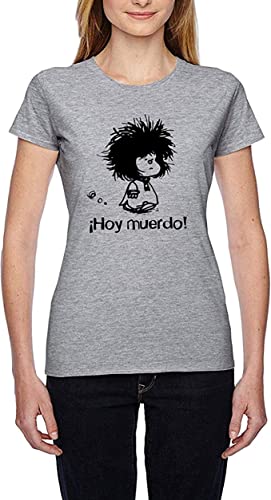 T-shirt en coton pour femme, motifs Mafalda, manches courtes, col rond, blanc, Gris (Hoy Muerdo Gris), M
