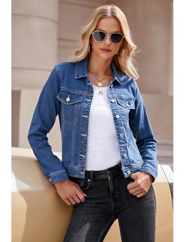 Image of luvamia Women's Basic Button Down Stretch Fitted Long Sleeves Denim Jean Jacket