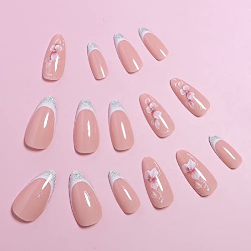 Flowers Press On Nails Medium Fake Nails Pink Flowers False Nails With Silver Glitters Design Full Cover Almond Shaped Glue On Nails Glossy French Tip Acrylic Press On Nails For Women Girls(24Pcs) #TOP3