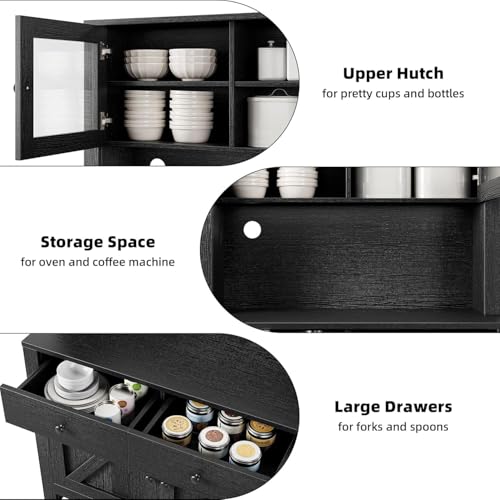 Image of IDEALHOUSE Modern Kitchen Pantry Cabinet, Microwave Storage Stand, Engineered Wood Food Organizer Cabinet with Multi Compartments, for Home Kitchen Dining Area, Black Wood Grain