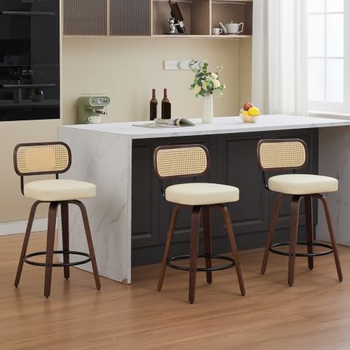Image of Beige Rattan Bar Stools Set of 3, Swivel Counter Chairs, PU Leather Seat | 360 swivel; PE rattan back; 25.5 in seat height; mid century modern; easy assembly; Counter Stools for Kitchen Counter