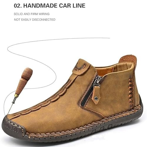 Phanile Mens Shoes,Men's Outdoor Comfy Arch Support Waterproof Walking Shoes,Handmade Casual Loafers,Side Zipper Loafers (Kahki - Fleece-Lined Style,10)3