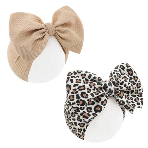 Image of ONENINEDREAM 2Pcs Baby Girl Bows Leopard Print Headbands for Girls 7’’ Brown Bow Toddler Hair Accessories Newborn Infant Baby Hair Wrap