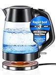 AUSELECT Electric Kettle - 1.7L Glass Kettle 2200W Stainless Steel Filter Spout, Quick Water Boiler wiith Borosilicate Glass, Fast Boiling Water Kettles for Coffee & Tea, BPA Free, Automatic Shut Off