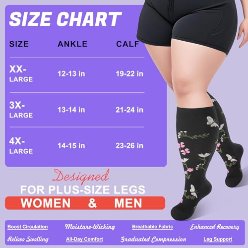 Image of 4 Pairs Plus Size Compression Socks,Extra Wide Calf 20-30 mmHg Knee High Compression Socks for Men Women Circulation