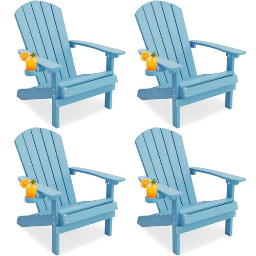 YEFU Adirondack Chairs Set of 4: Outdoor Chair HIPS Plastic Adirondack Chairs - Patio Chairs with Wood Texture - Lawn Fire Pit Deck Porch Garden Chairs for Adults (Blue)