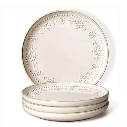 Artena Salad Plates Set Of 4, 8.5 Inch Embossed Appetizer Plates, Ceramic Small Dinner Dessert Plate, With Lipped Edges for Kitchen Microwave Oven Dis