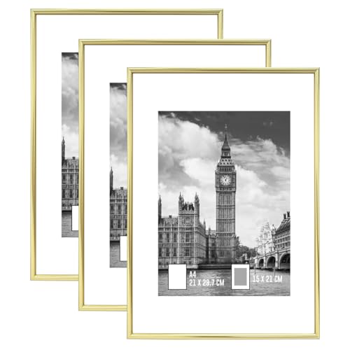 Image of GOmaize Front Loading Aluminum alloy Gold Picture Frame A4 Set of 3 Wall and Table Mounting