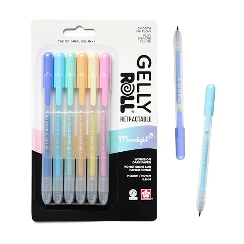 SAKURA Gelly Roll Retractable Pens - Pastel Pen Set for Decorative Writing - 0.8mm Tip - Bleed-Free - Moonlight Pastels - Pastel Yellow Orange Pink Green Sky Blue & Periwinkle - 6 Count