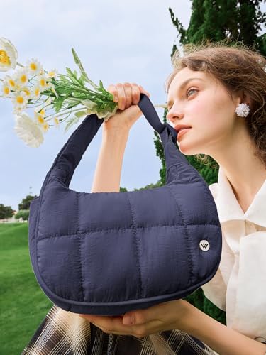 Image of WESTBRONCO Small Puffer Crescent Shoulder Bag for Women, Nylon Quilted Shoulder Purses, Puffy Handbags with Adjustable Strap