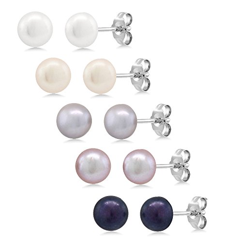 Gem Stone King Set of 5 Multi Color 6mm Cultured Freshwater Pearl Stud Earrings Set