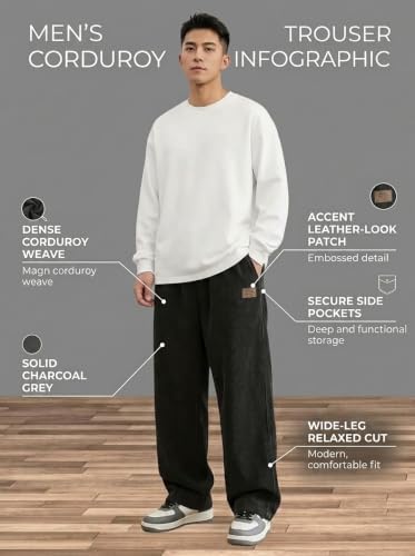 Image of Zombom Men's Comfortable Baggy Corduroy Pants | Relaxed Fit Stretch Waist Trousers for Everyday Wear | Casual Trouser for Man