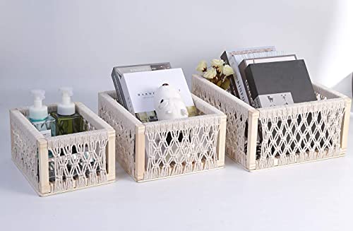 Macrame Storage Baskets For Shelves And Closet, Boho Decorative Boxes For Home Decor, Perfect Pampas Grass Holder At Living Room(White, Set Of 3) #TOP4