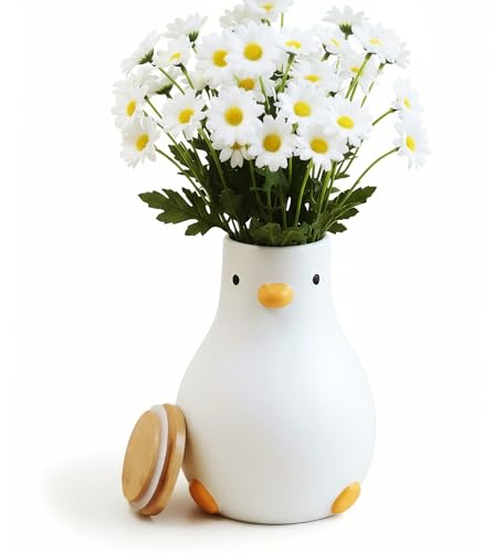 PURROOM 8" Cute Duck Vase, 1700ml Storage Canisters Jar with Wooden Lid for Kitchen Counter Decor, White Ceramic Modern Flower Vase for Home Office Shelf Decoration.