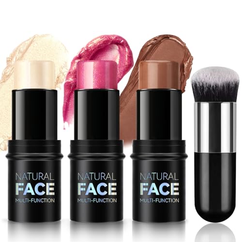 Newbang 3Pcs Contour Highlighter Cream Blush Stick For Cheeks Eyes Lips Lightweight Dewy Finish Blush Stick Waterproof Long Lasting Contour Stick Trio Wand Face Makeup Set For Girls And Women cover