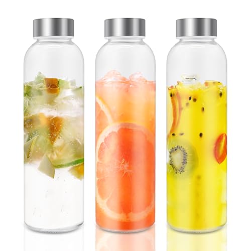 Viceda 3 Glass Bottles with Lids, 500ml Airtight, Leakproof, Clear Glass Drinking Bottles for Water, Milk, Juice and Smoothies