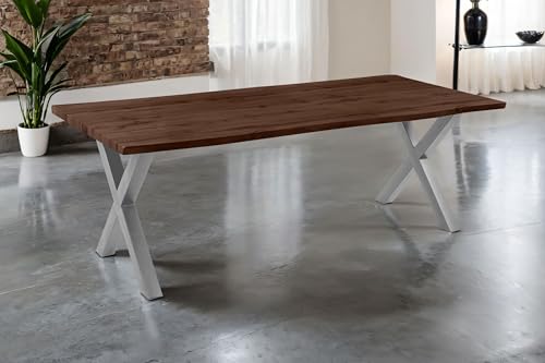 SAM Esstisch Josy | 220 x 100 cm | Holz Nussbaum-Optik | X-Gestell Metall Silber | 40 mm Tischplatte mit Baumkante | Tisch für Esszimmer & Küche
