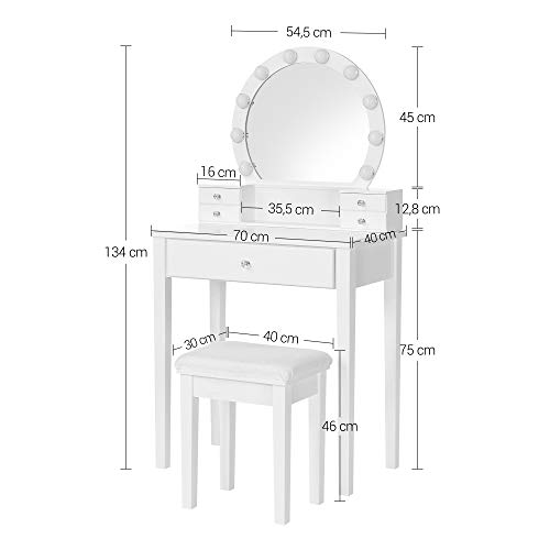 VASAGLE kaptafel met spiegel, make up tafel met 10 dimbare lampen,kruk, 5 laden, 70 x 40 x 134 cm, wit RDT151W01 - Image 7
