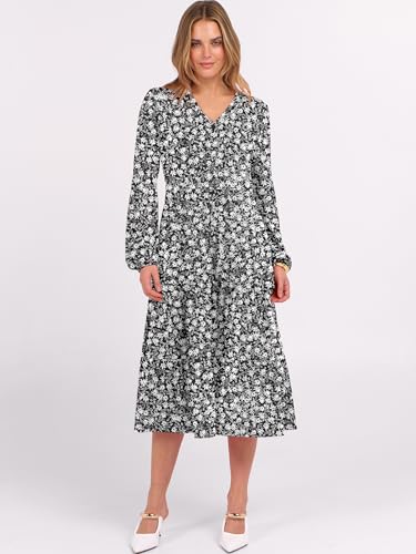 Image of ANRABESS Women's Long Lantern Sleeve Floral Midi Dresses 2026 Fall V Neck Casual Flowy A-line Tiered Boho Vacation Dress