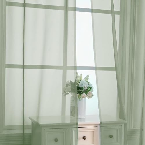 Aiyufeng Cortinas transparentes verde-sálvia de 160 cm de comprimento, conjunto de 2 painéis para sa
