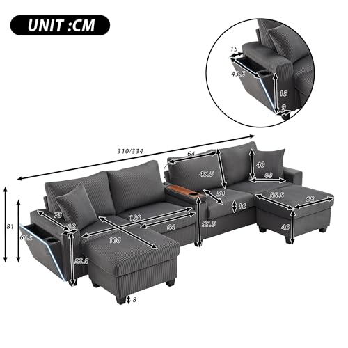 Sofá seccional de 334 cm de alta gama con estante abatible y diseño modular 3