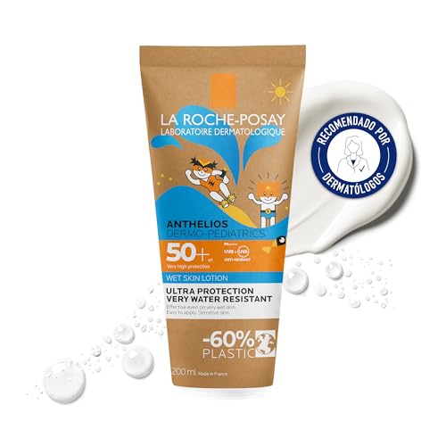 La Roche Posay Protector Solar para Niños, Leche Corporal en Tubo de Cartón, Apto para Piel Mojada, Fotoprotección SPF50+, Anthelios Dermo-Pediatría, 200 ml