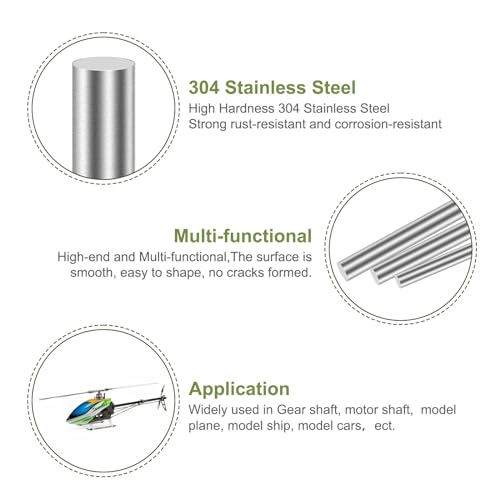 Awclub 304 Stainless Steel Round Rod 1mm x 400mm, 10pcs Metal Solid Shaft Rods Lathe Bar Stock for Industry, Metal Working Hobbies and DIY Craft