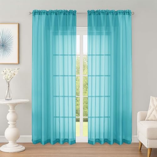 Image of OWENIE Sheer Curtains 84 Inches Long 2 Panels Set, Sheer Turquoise Curtains for Living Room Bedroom 59 Inch Extra Wide, Modern Voile Filmy Rod Pocket Drapes, 2 Pcs, Each 59 W x 84L, Turquoise