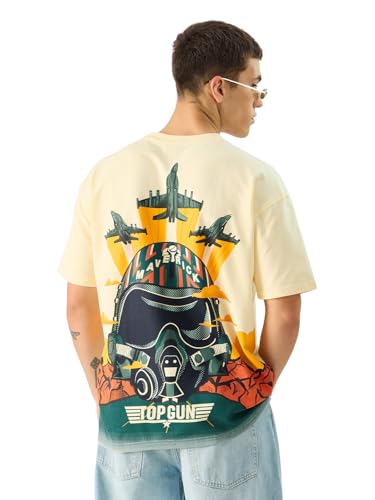 Image of The Souled Store Top Gun: Men and Boys Short Sleeves Round Neck Casual Streetwear Drop Shoulder Cotton Oversized T-Shirt White