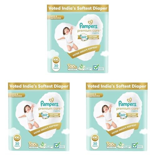 Image of Pampers Premium Care Pant Style Baby Diapers | XX-Large (XXL size) | 30 Count | Voted India's Softest | All-in-1 with 360 Cottony Softness Diapers | 15-25kg (Pack of 3)